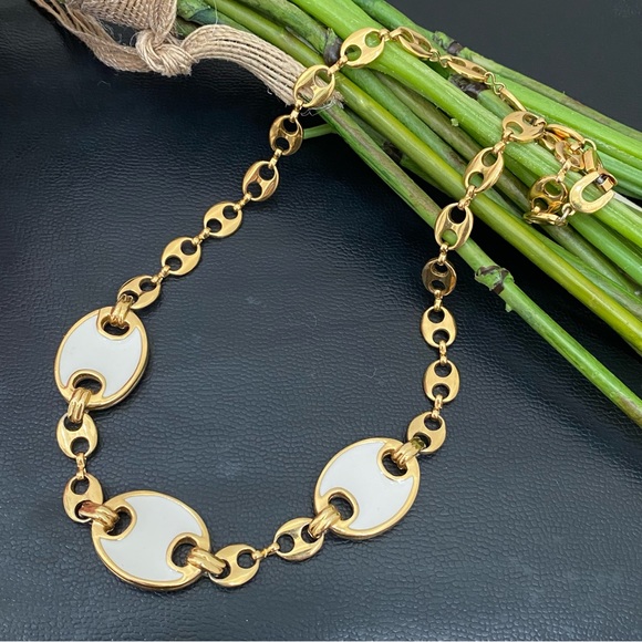Vintage Unsigned Gold-tone White Enameled Mariner Link Chain 18” Necklace 43.1g - Picture 1 of 12